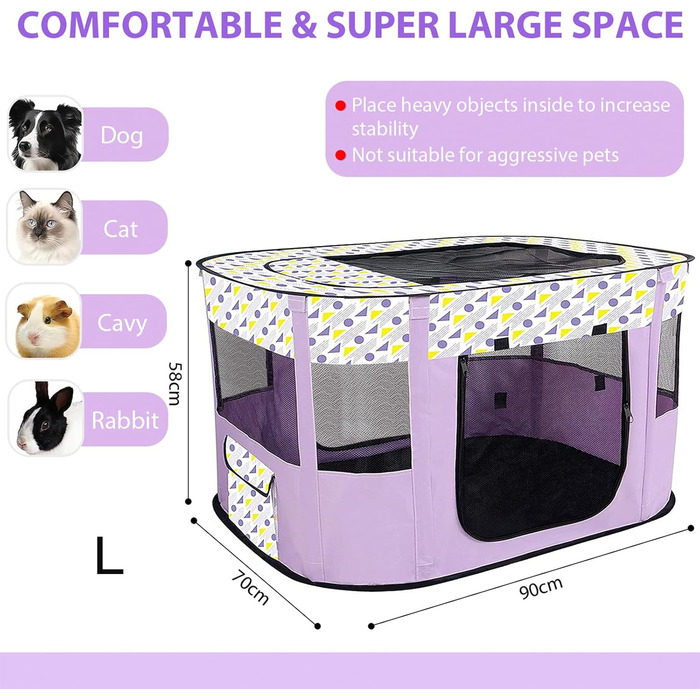 Складана огорожа для собак, вольєр для цуценят, портативна огорожа для тварин, вольєр для цуценят для дому, складана огорожа для цуценят, собак, кроликів, L (Сірий) (Фіолетовий, 90 * 70 * 58 см)