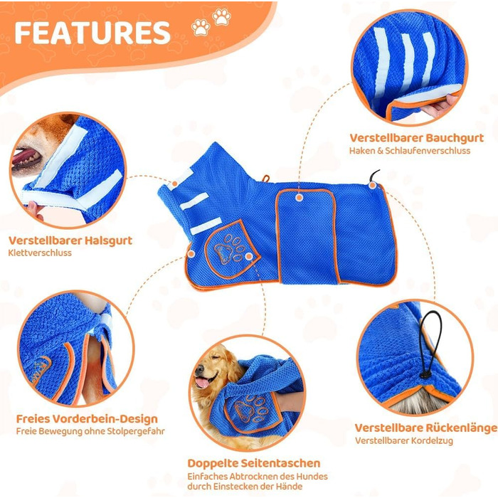 Рушник для собак SlowTon: суперпоглинаючий халат для висушування після купання, плавання, прогулянки. L, блакитний