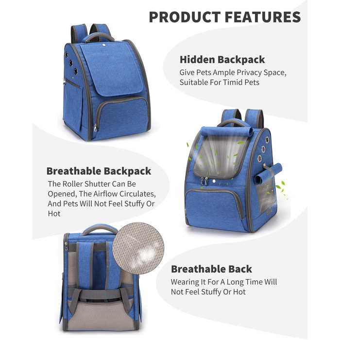 PETCUTE Рюкзак для собак та котів, дихаючий, складаний, для маленьких тварин, блакитний
