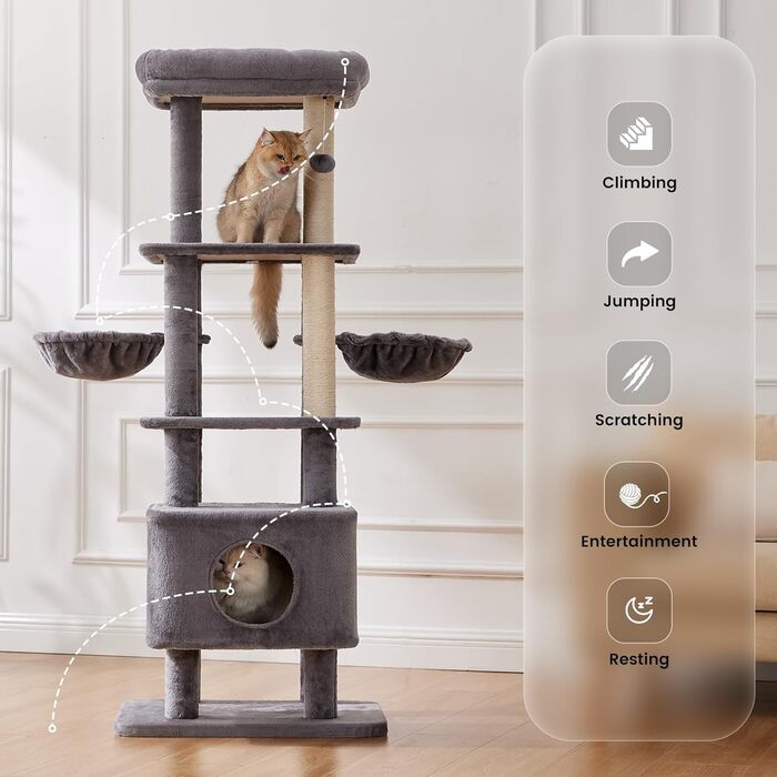 Дерев'яний кігтеточки для котів Gardner Pet Katzenbaum, 105 см, з платформою, 2 печерами, кошиком, сірий, для дому