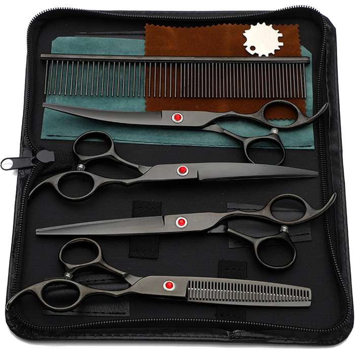 Набір професійних ножиць для грумінгу собак та котів 7.0 дюймів (5-в-1), нержавіюча сталь 440C, з витончувальним ножем, вигнутими та прямими ножицями, гребінцем для шерсті