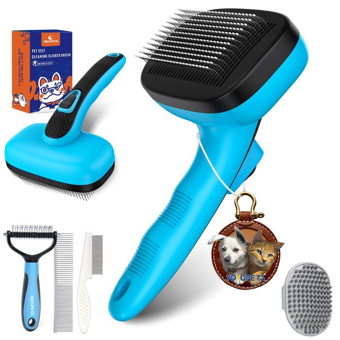 Набір для догляду за собаками (5 шт.) – щітка для вичісування линяючої шерсті (коротко- та довгошерсті). Синій колір.