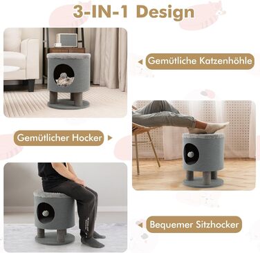 Драбина-кіготник для котів COSTWAY з будиночком та м'яким сидінням, сірий, 40x40x47 см