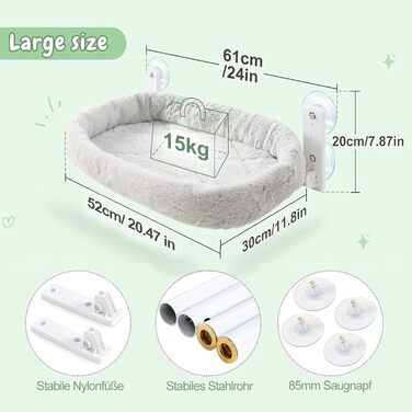 Кішка ліжко гамак для вікна, гамак для котів без мотузки, складане ліжко для котів на вікно з присосками, стабільний гамак для котів, вантажопідйомність 15 кг, сірий колір