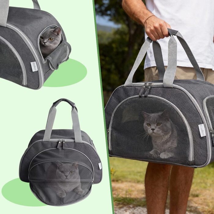 Розширювана переноска для котів – складана переноска для котів та маленьких собак до 6 кг, легка переноска, сумка для транспортування, дихаюча та компактна переноска, сірого кольору