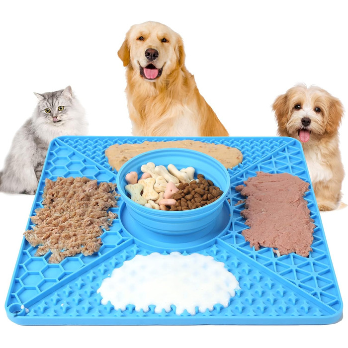 Лежак-лежак для собак VOOWO 2-в-1, миска для повільного годування, миска для їжі та води, силіконовий килимок для собак з присосками, великі та середні породи, блакитний