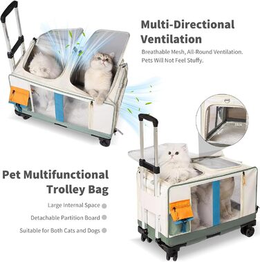 PETCUTE Транспортна сумка для тварин на 2 котів/собак з 2 відділеннями та знімними колесами, дихаюча, для подорожей, прогулянок, кемпінгу, бежево-коричнева