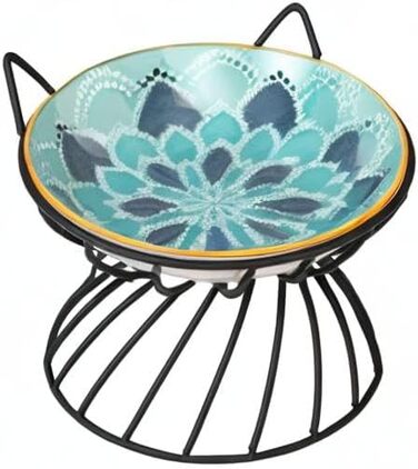 Підвищений годівниця для котів, кераміка, з металевим антиковзним підставкою - годівниця для котів, порцеляна, антиблювотний, набір - 250 мл (Блакитний)