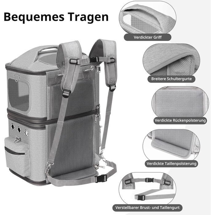 Рюкзак-переноска для котів FASNATI на 2 котів до 12 кг, сірий, для подорожей та кемпінгу