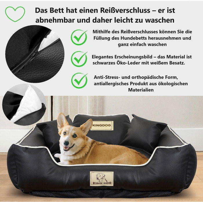 Крісло-ліжко для собак середніх порід King Dog: миється, з еко-шкіри, 75x65 см, з можливістю персоналізації (ім'я собаки), водонепроникний матеріал, силіконова наповнювач, чорний колір