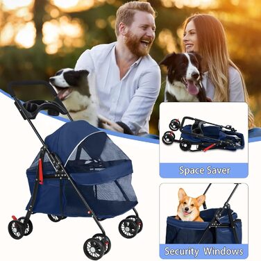 Дитяча коляска для домашніх тварин на 4 колесах для собак та котів, складана, з тримачем для напоїв, дихаючим сітковим вікном, портативна переноска для тварин (Блакитна)