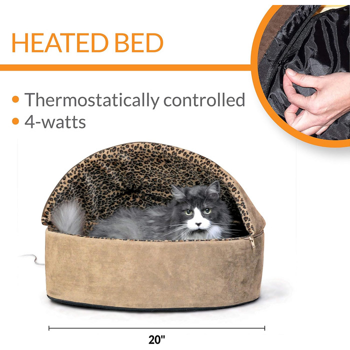K&H PET PRODUCTS Thermo-Kitty Bett Deluxe – електричне лежанка для котів, для дому, з підігрівом, світло-коричнева з леопардовим візерунком, 50,8 см