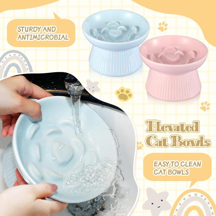 Підвищені миски для котів Layhit з кераміки, проти блювоти, для сухого та вологого корму, для кошенят, блакитні та рожеві, 2 шт.