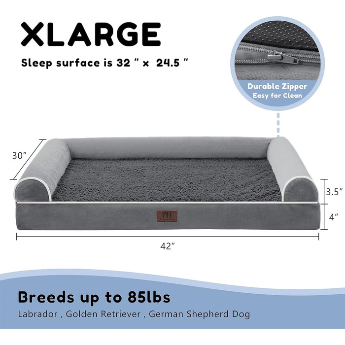 Ортопедичне ліжко для собак великих та середніх порід WESTERN HOME. Водонепроникне, знімний чохол, 106x76x19 см, темно-сірий