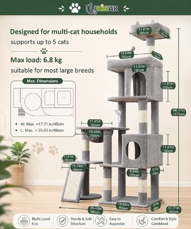 Комплекс для котів Kratzbaum XL 173 см, сірий: будиночок, платформа, дряпка, іграшки