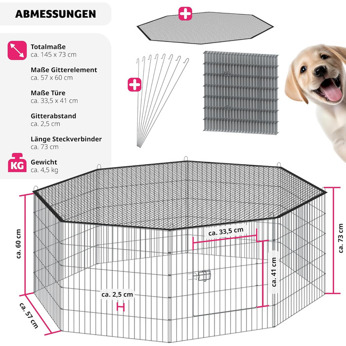 Вольєр Tectake® з захисним сітком, секційна огорожа, розкладна та розширювана, для дрібних тварин, кроликів, як загородження для собак, собачий вольєр, для цуценят, вольєр для кроликів, вуличний вольєр, діаметр 145 см, чорний