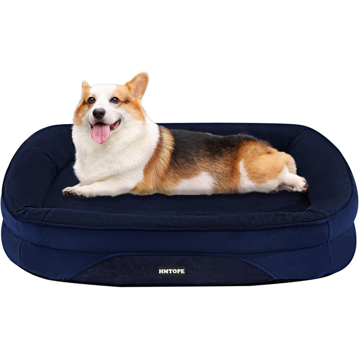Ортопедичне ліжко для собак, диван-софа з підголовником, кошик для собак з неслизьким дном, знімний та пральний, для маленьких та середніх собак, 90 x 71 x 15 см, темно-синій