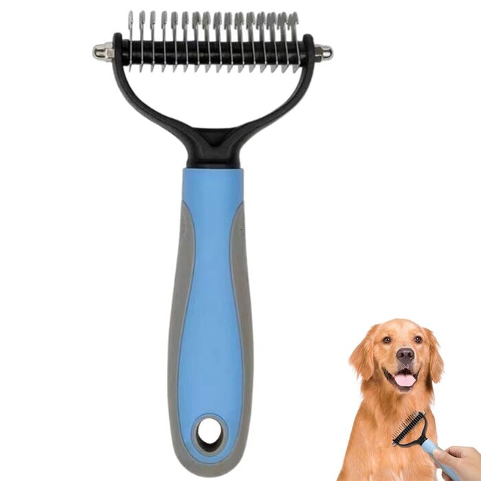 Двостороння щітка для видалення підшерстка для собак та котів, 2-в-1, синій котячий дизайн, видаляє ковтуни та шерсть