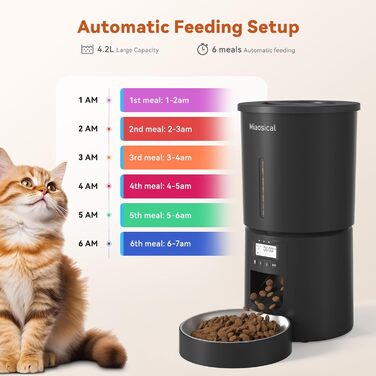 Автомат годівлі для котів 4.2L з програмуванням, з окремою мискою, подвійне живлення, 6 прийомів їжі на день (Чорний), миска з нержавіючої сталі