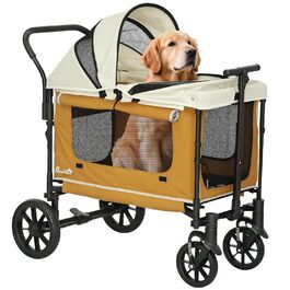 PawHut 2 в 1 візок для собак та котів, складна конструкція, до 30 кг, з подушкою, сітковими віконцями, 2 дверцятами, кишенькою для зберігання, колір коричневий