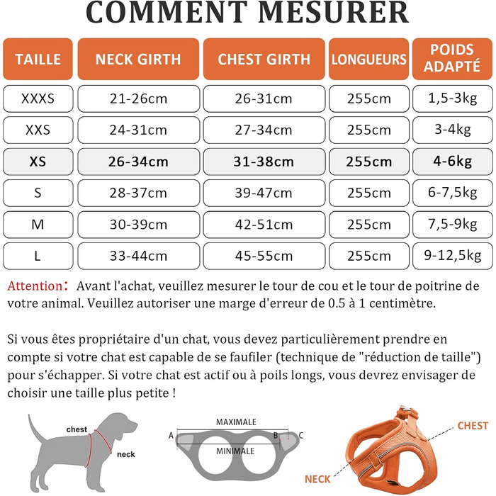 Нашийник для котів Qianruida з повідком, регульований, зручний, дихаючий, світловідбиваючий (Помаранчевий, XS)