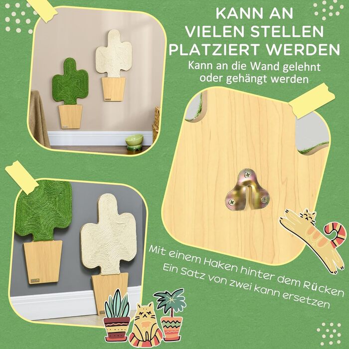 Кігтеточка для котів PawHut 2 шт. з джгутового мотузка, настінна, у вигляді кактуса, 30 x 60 см