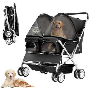Візок для собак Joyfultails, двомісний візок для домашніх тварин та дітей, складаний візок для 2 собак та котів, двомісний переноска, візок-тандем для собак, візок для подорожей з домашніми тваринами з місцем для зберігання (Чорний)