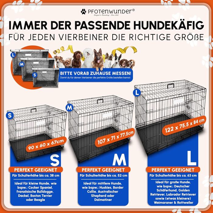 Клітка для собак Pfotenwunder® для дому, сітчаста переносна коробка для собак у 3 розмірах, 2 двері + 1 кришка, 1 посібник з навчання, переносна клітка для собак, авто клітка для собак з дротяною сіткою (107*71*77,5 см) - середній розмір