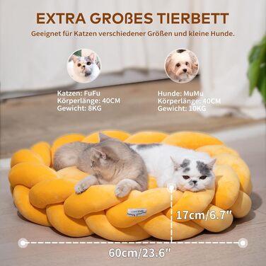 Катяме місце CheerPals 60 см, миється, плетене, м'яке ліжко-гніздечко для котів та маленьких собак, білий (жовтий)