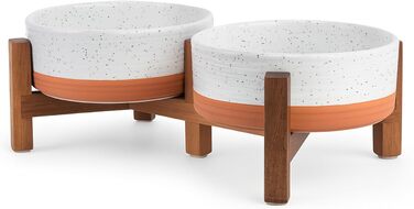 Миска для собак SpunkyJunky з кераміки, подвійна, піднята на підставці з акації, для великих собак (400 мл, білий та червоно-коричневий)