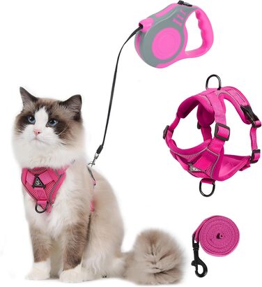 Катячий сміх з повідком, автоматичний котячий поводок з дзвінком, розтяжний котячий поводок з дзвінком та повідком для кошенят, собак (рожевий, M)