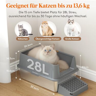 Лоток для котів Lifewit 28L з нержавіючої сталі, відкритий, 60x40x30 см, з лопаткою та педалем, сірий. Лоток для котів XXL, великий, без кришки, для великих котів, для вітальні, спальні