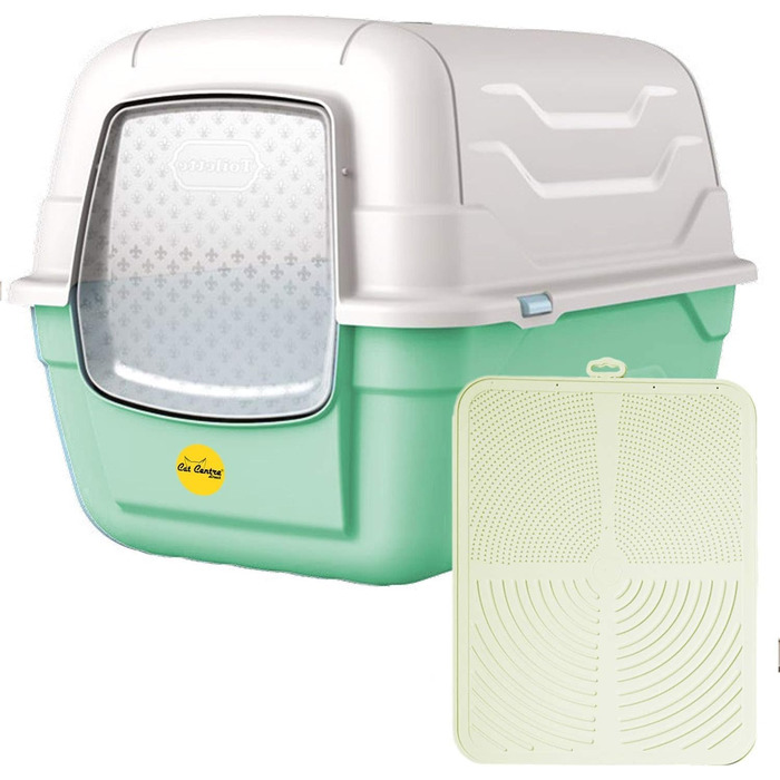 Лотки для котів Cat Centre з кришкою, з дверцятами, з лопаткою та вугільним фільтром, великі, 52 x 40 x 40 см, зелений + кремовий мат