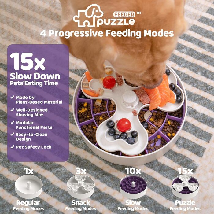 Антишлінговий набір для собак - миска для сухого, вологого та сирого корму | Головоломка для корму для собак для веселих та здорових прийомів їжі | Антишлінговий набір для собак з чотирма лапами, фіолетовий