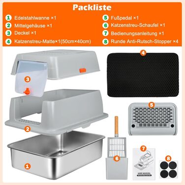 Котловий туалет SZEETECH для котів, великий XXL, нержавіюча сталь з кришкою, з лопаткою, килимком та підставкою, сірий