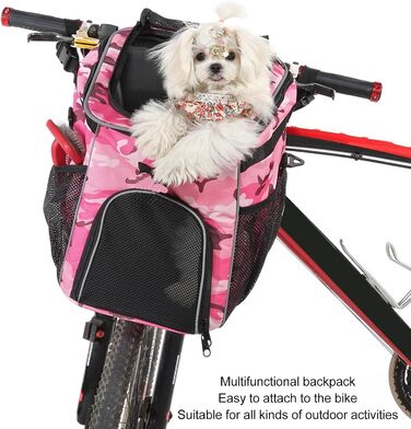 Корзина для собак у велосипед, велика місткість, водовідштовхувальна, дихаюча, для легкої збірки та чищення, сумка-переноска для тварин для подорожей на природі (Рожевий камуфляж)