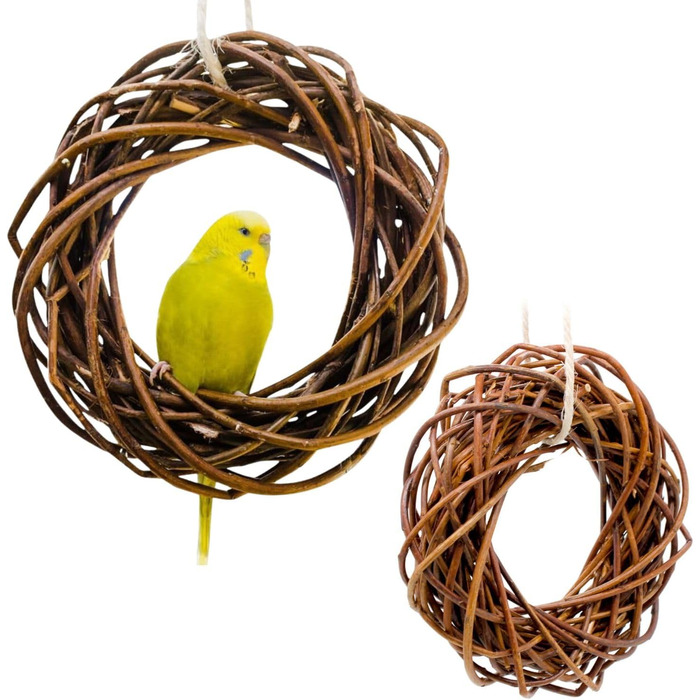 Два смачні дерев'яні кільця з лози для папуг, хвилястих та корел; плетіння з лози. Іграшка для птахів у клітку, вольєр. Ігровий майданчик для птахів для підвішування. 2 дерев'яні кільця 2.0