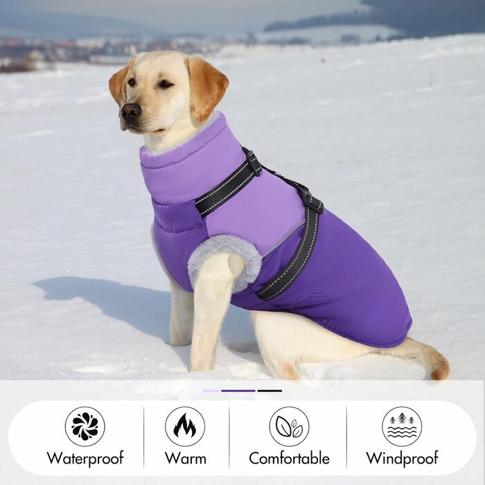 Водонепроникна та вітронепроникна куртка для собак великих порід з інтегрованим шлейкою та флісовою підкладкою, фіолетовий, XX-Large