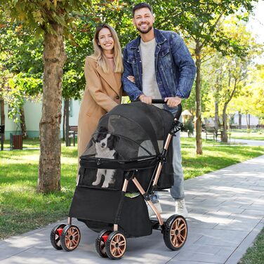 Візок для собак YITAHOME, чорний, для маленьких собак, з обертовим ручками, сітчастими вікнами та гальмами