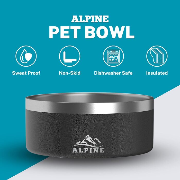 ALPINE набір з 2 нержавіючих мисок для собак, нековзні, металеві, подвійні стінки, ізольовані, антикорозійні, для корму і води, підходять для посудомийної машини, 32 унції, чорний/білий
