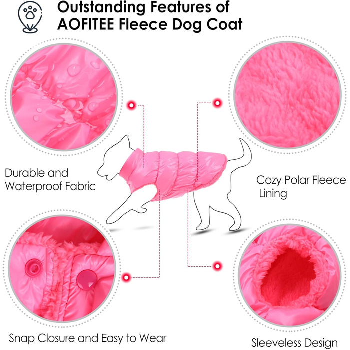 Зимовий одяг для собак AOFITEE: теплий водонепроникний жилет з флісу для цуценят та собак середніх розмірів, рожевий колір. Розмір: Chest 15', Back Length 11'