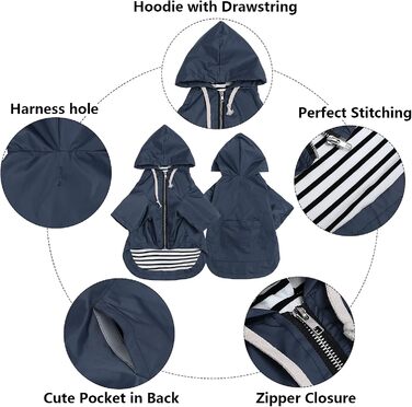 MOREZI Водонепроникний дощовик для собак з захистом лап та міцною капюшоном - Легкий, для малих/середніх порід - Застібка-блискавка, регульований шнурок, синій, S (Обхват грудей: 43-48 см), колір 'Глибокий синій'