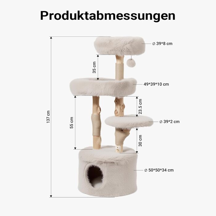 Ігровий комплекс для котів Fudajo Forest Tree 137 см — Дерево-дряпалка в натуральному стилі з будиночком, ліжками та іграшковим м'ячем