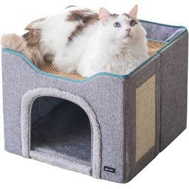MIU PET Великий складаний 2-в-1 будинок для котів для дому, оновлений котячий будинок і лежак, 2 двосторонні подушки та літній матрац, для всіх сезонів, укриття для котів із кігтеточкою