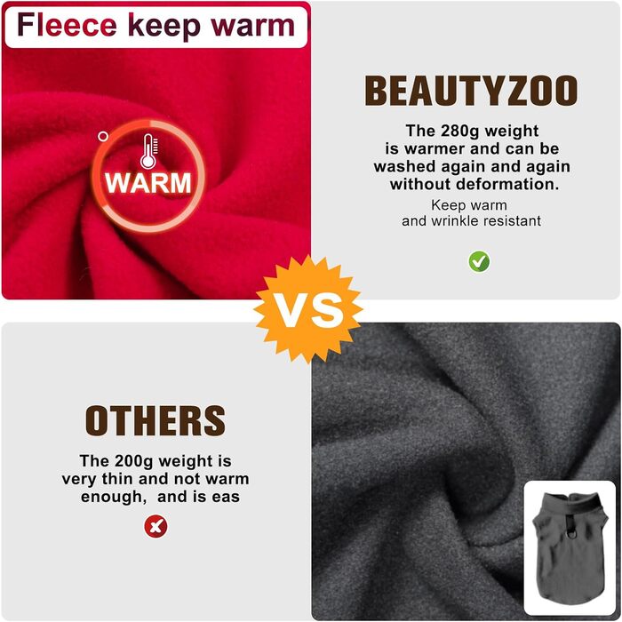 Пуловер для собак BeautyZoo з флісу, теплий зимовий одяг для маленьких та середніх собак, червоний, розмір L (обхват грудей 48.2 см)