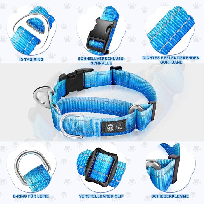 Нашийник для собак Martingale, світловідбиваючий, з зупиняючим ефектом, для великих, середніх та маленьких собак, нейлон, синій, розмір L