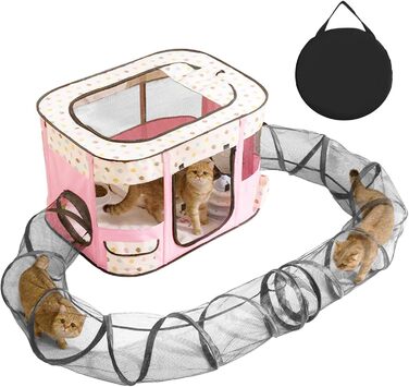 Клітка-забіг для цуценят, переносна огорожа для тварин, рожева клітка-забіг з тунелем (M)