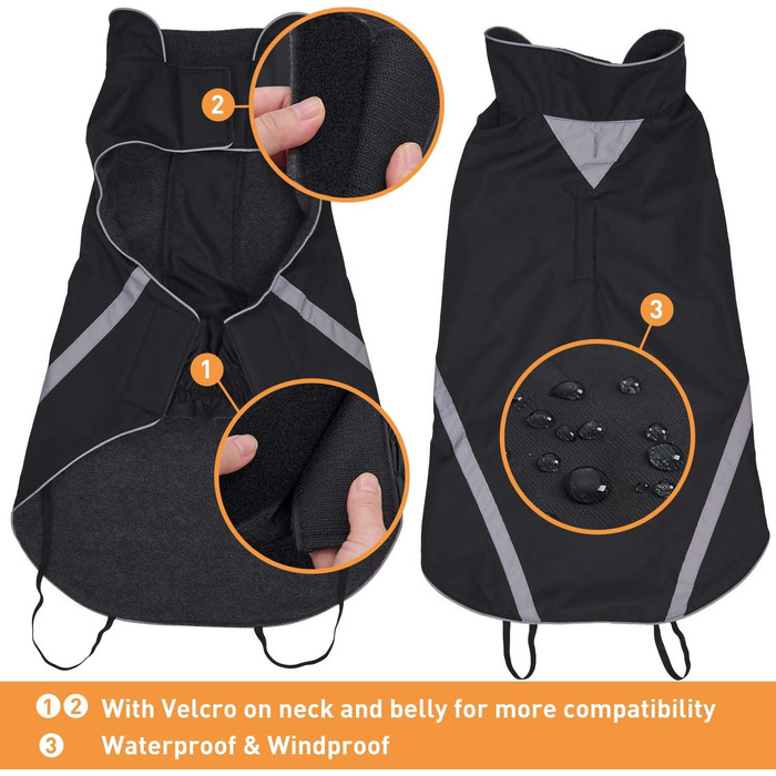 Водонепроникний собачий плащ/куртка з отвором для коміра, на липучках, з флісовою підкладкою, зі світловідбиваючими елементами, зимовий, для середніх та великих собак, чорний, 4XL, 1 шт.