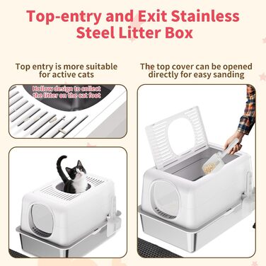 Набір для туалету котів з нержавіючої сталі з кришкою, великий, для великих котів, з совочком та килимком (білий)