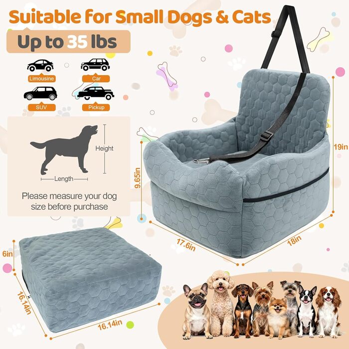 Автокрісло для собак – переноска для маленьких собак до 15,9 кг з м'яким килимком та ременем безпеки. Зручне автокрісло з двома кишенями для аксесуарів